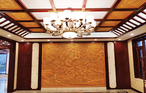 丰南中式别墅客厅中式木作横梁吊顶装饰展示