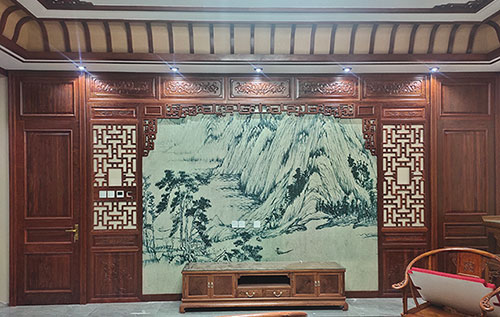 丰南中式仿古别墅客厅背景墙花格木作装饰